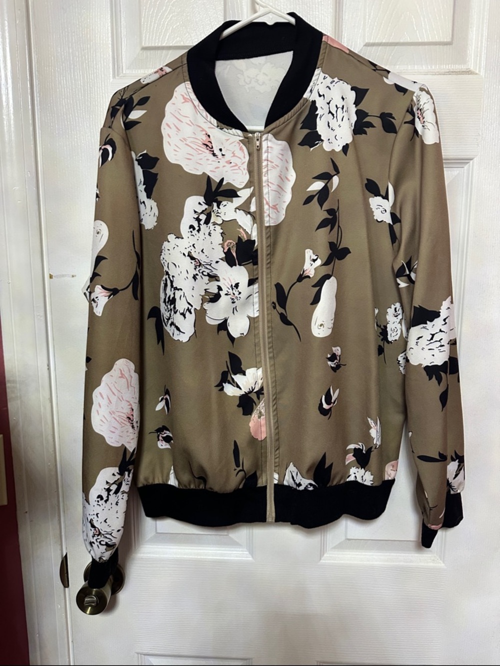 Floral Bomber Jacket - Taupe with Black & White Floral Print